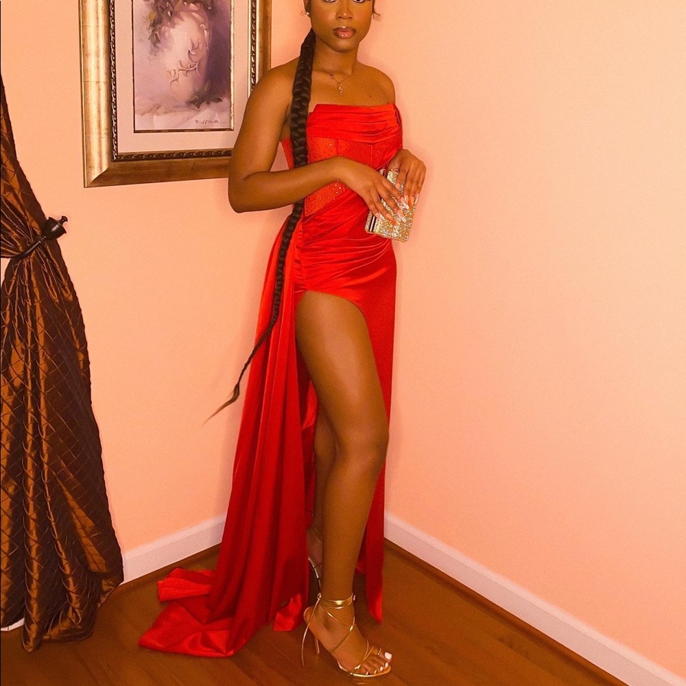 Miss Circle Holly Red Crystallized Corset High Slit Satin Gown